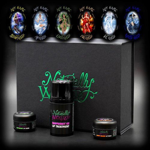 Naturally Wicked Personalised Wicked Queen Lip Kit Perfect Gift For Her With 3 x Natural Lip Products Beside Gift Box