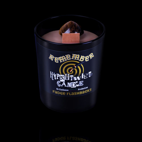 Naturally Wicked Hypnotwist Remember Candle Featuring Plant-based Soy Brown Wax Scented with Fudge Flashbacks & Includes A Tiger's Eye Crystal Spinning Top.