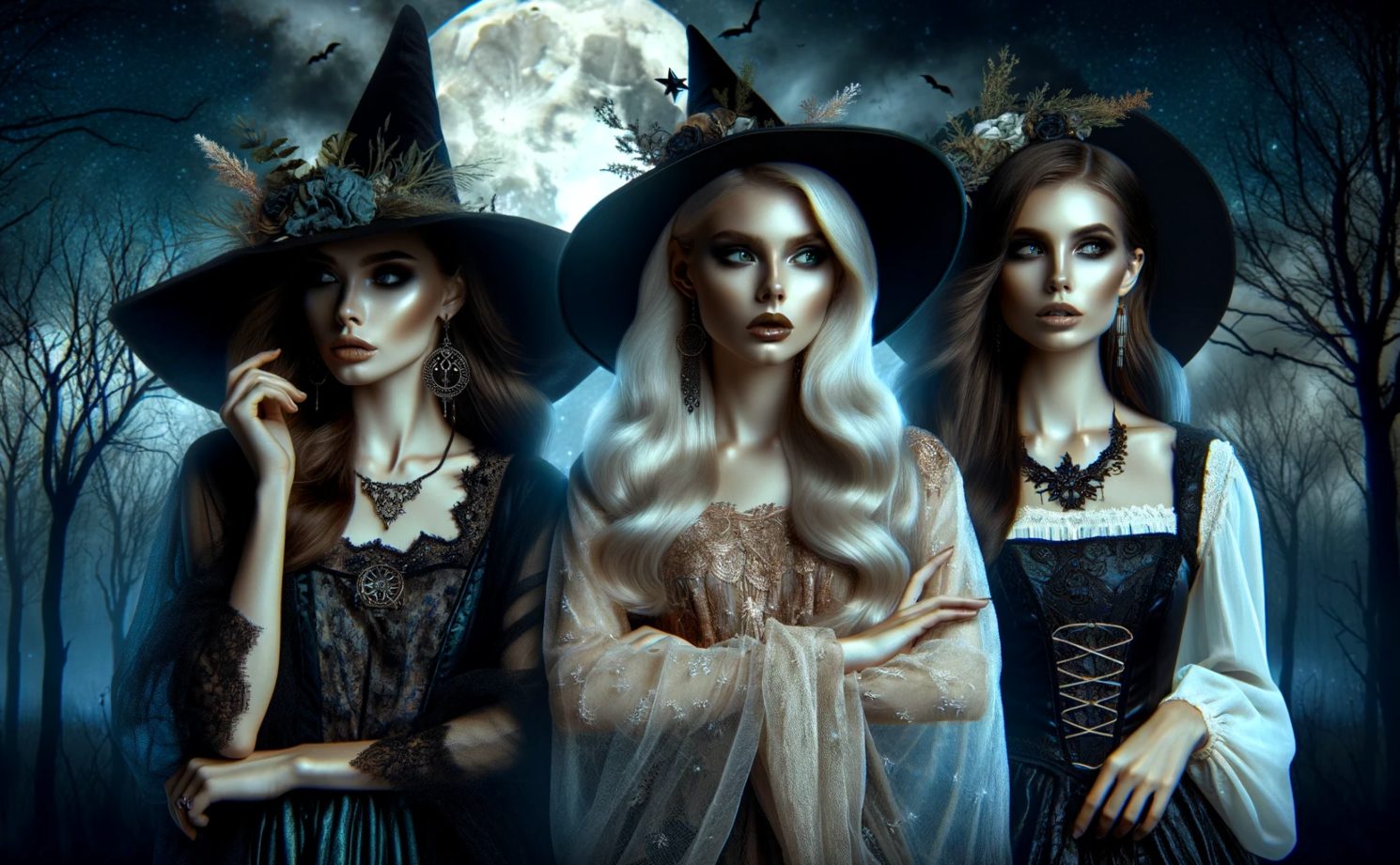 Blonde white witch holding a coldren with green smoke background