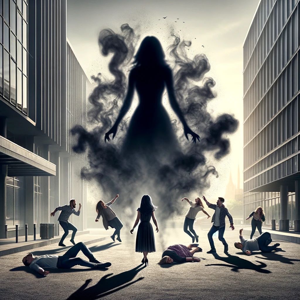 A magical but realistic image depicting the shadow of a woman, where the woman herself is toxic and everyone around her is dropping to the floor. 