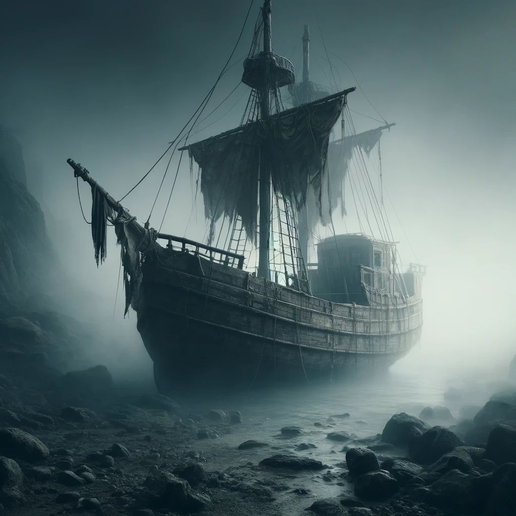 Create a few realistic images of a haunted boat with no crew. The scenes should depict an eerie and abandoned atmosphere, with empty decks