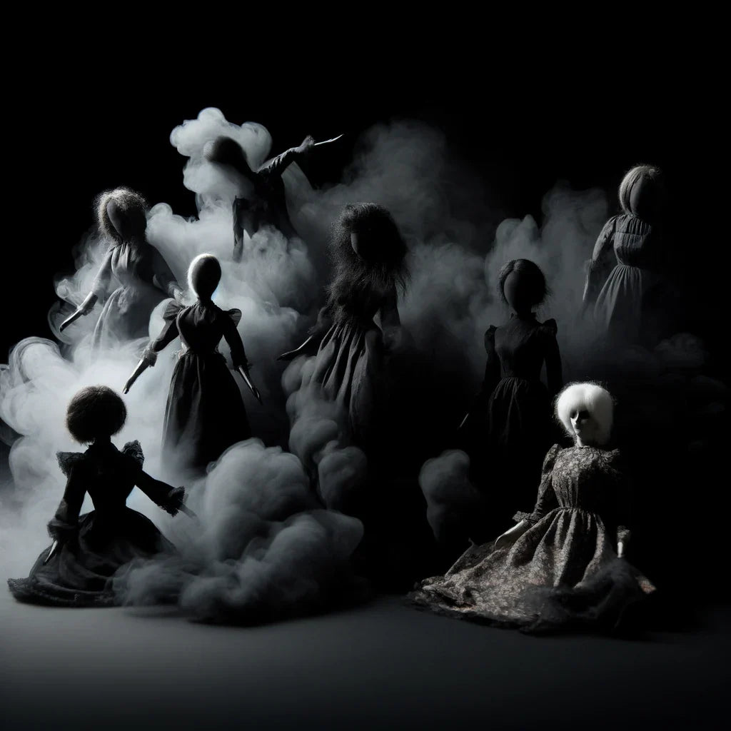 A creepy and realistic image of shadowy ladies propped up like dolls in black smoke. The scene should depict eerie, lifeless figures 