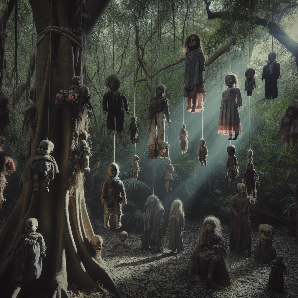 Spooky realistic image of dolls hanging in a dark creepy old tree