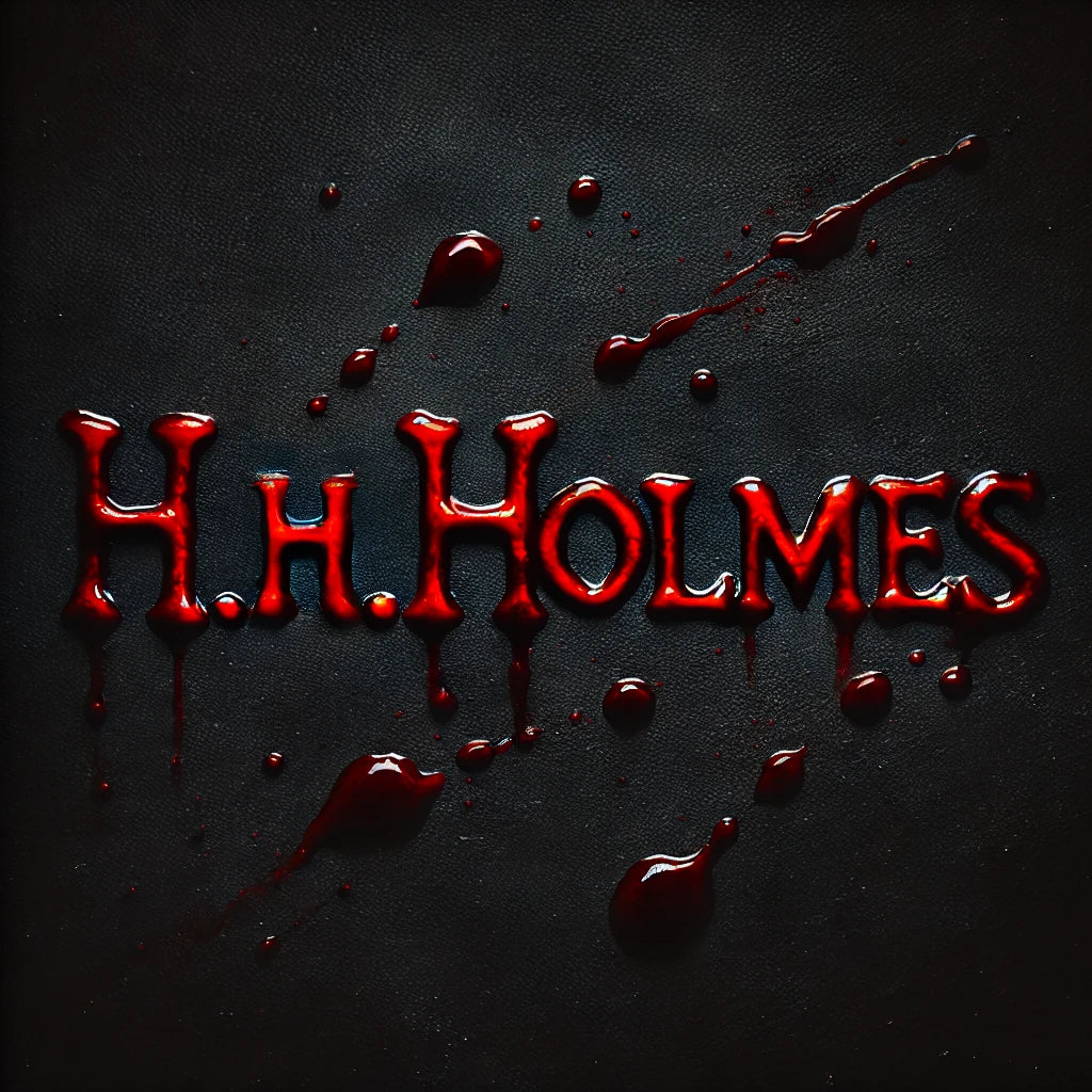 The Famous Name H.H.Holmes written in red ink on black background
