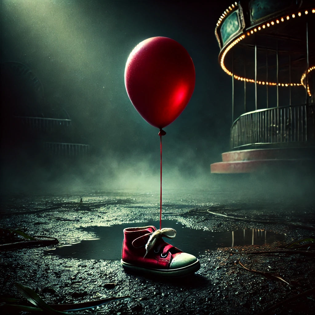 Creepy image of a lost red shoe with haunting red balloon attached