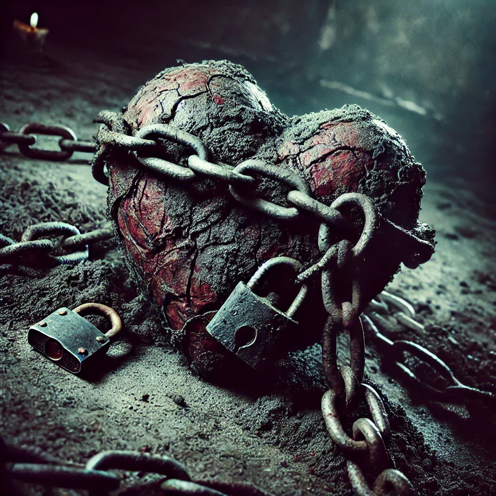 A dark creepy image of a love heart wrapped in chains and dirt