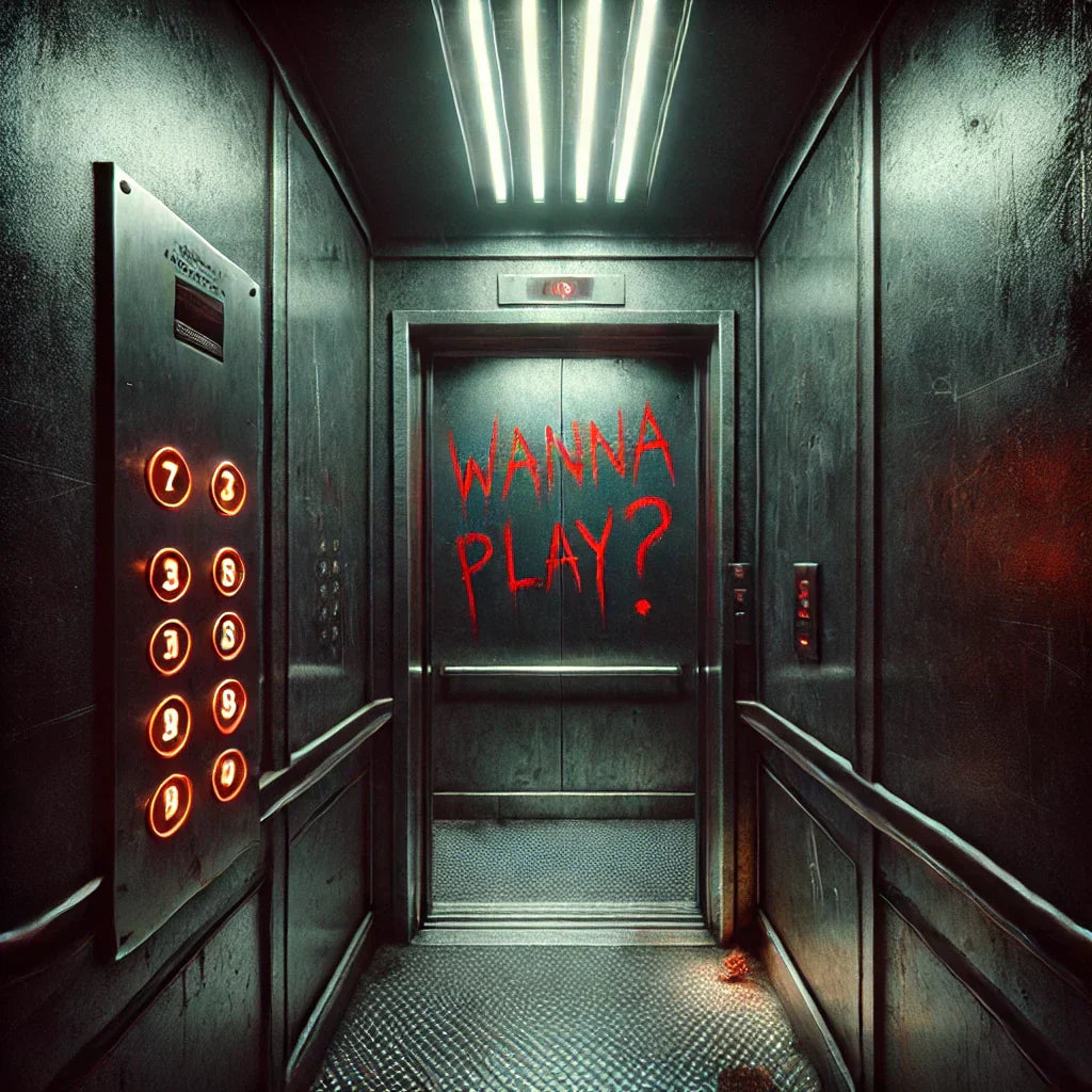 Dark spooky elevator with the words 'Wanna play?' 