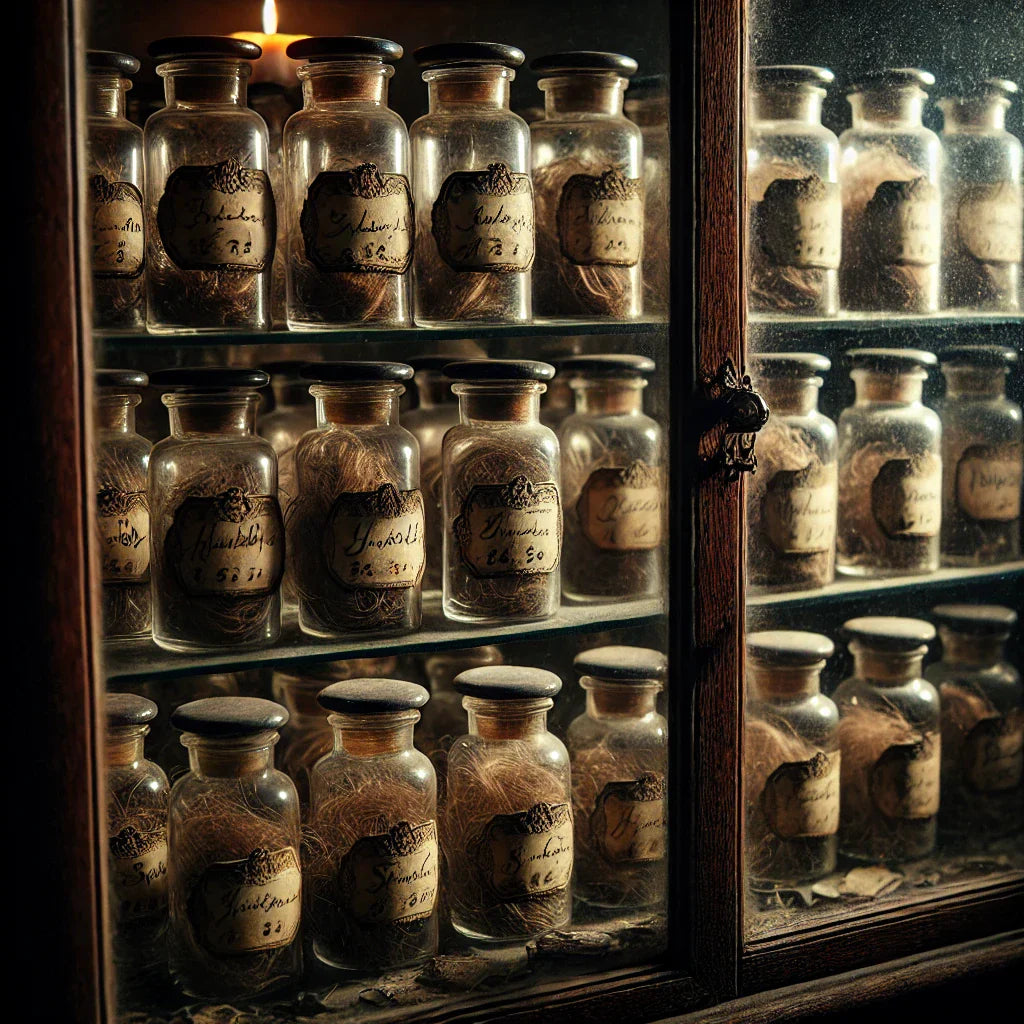 A creepy cabinet filled with small glass jars each one containing a lock of hair