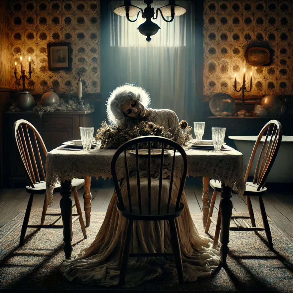 Corpse of dead old lady sat at the dinning table