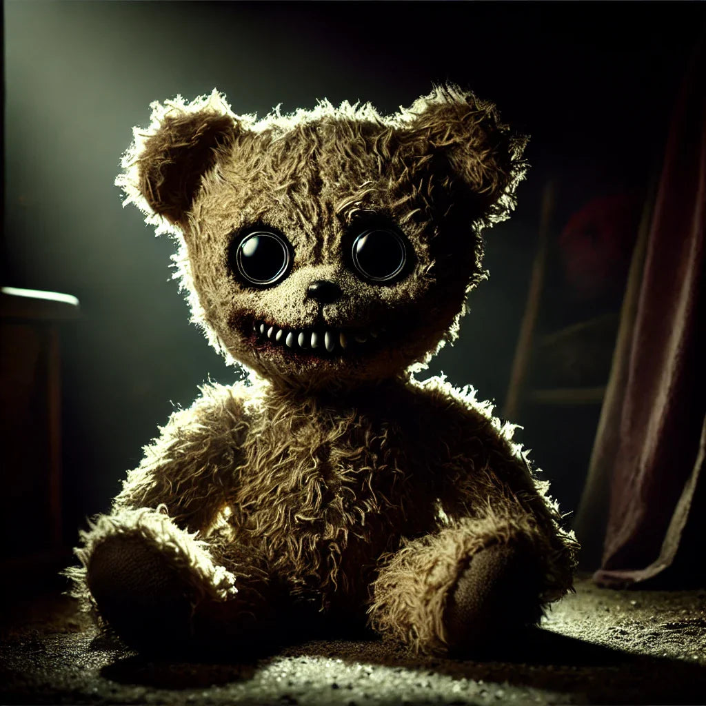 Very scary image of a sinister teddy bear with human teeth