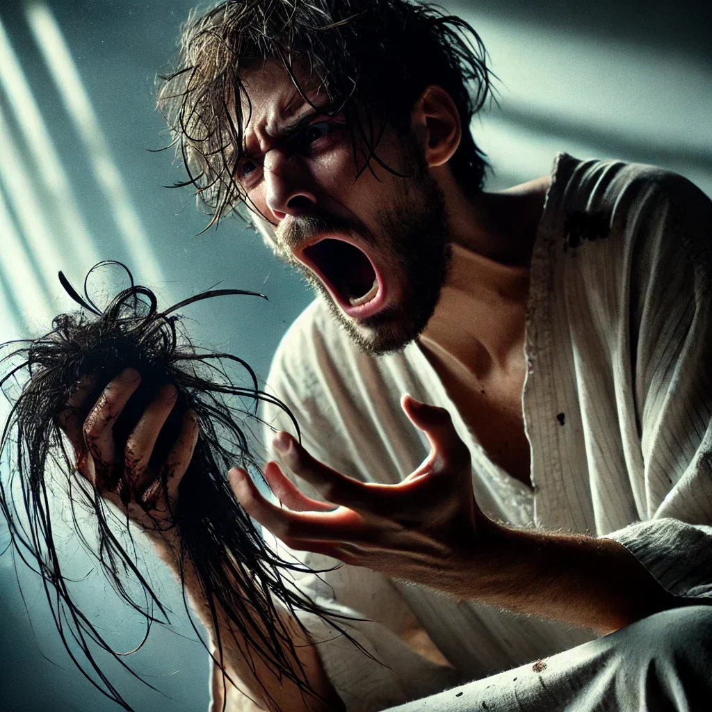 An image of a screaming man clutching locks of loose hair