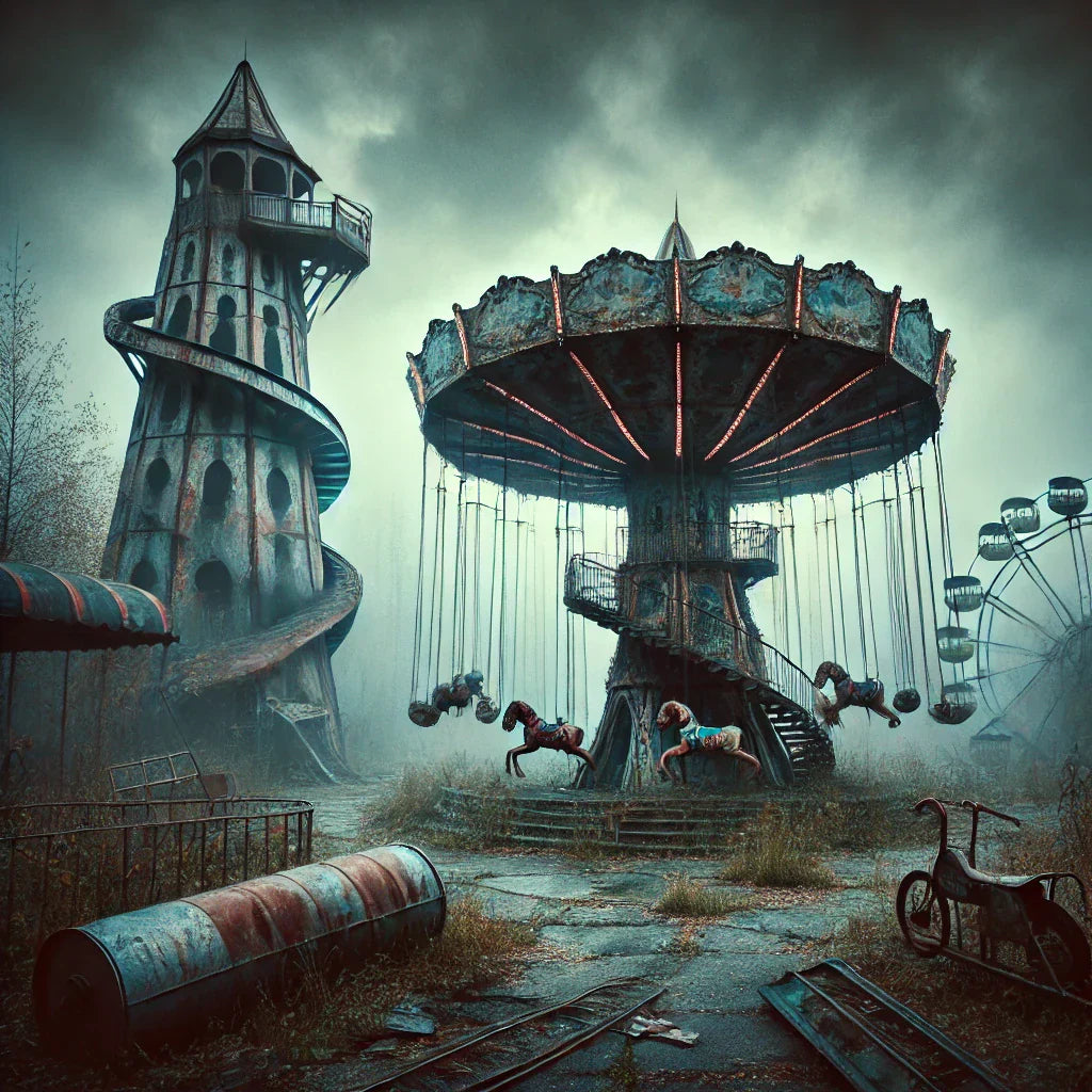 Eerie abandoned fair ground in misty setting