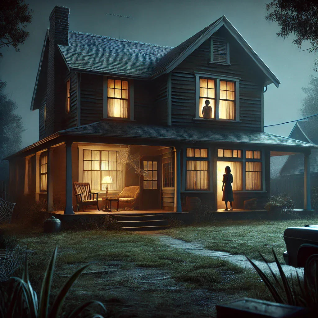 Eerie image of an old dusty house with a suspicious man in the upstairs window