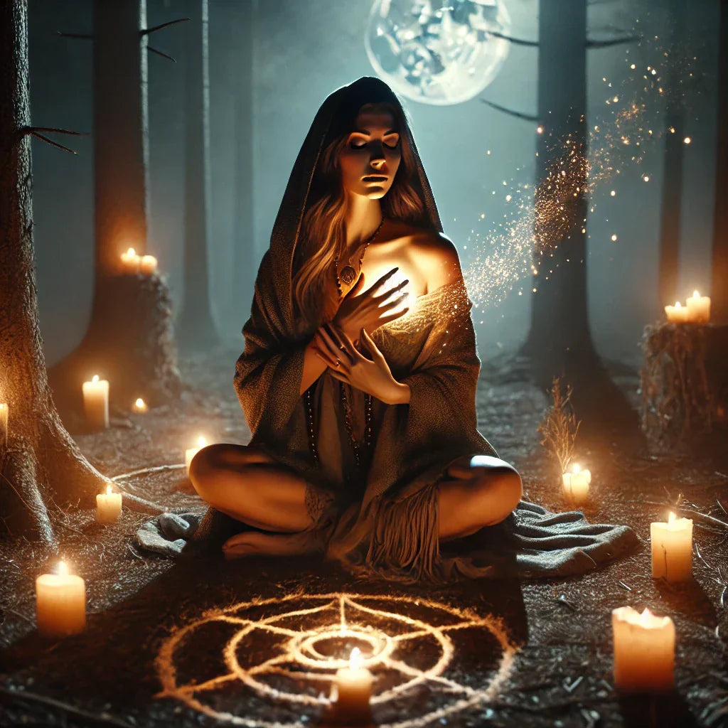A beautiful image of a lady meditating in the woods on a dark night with a magical background