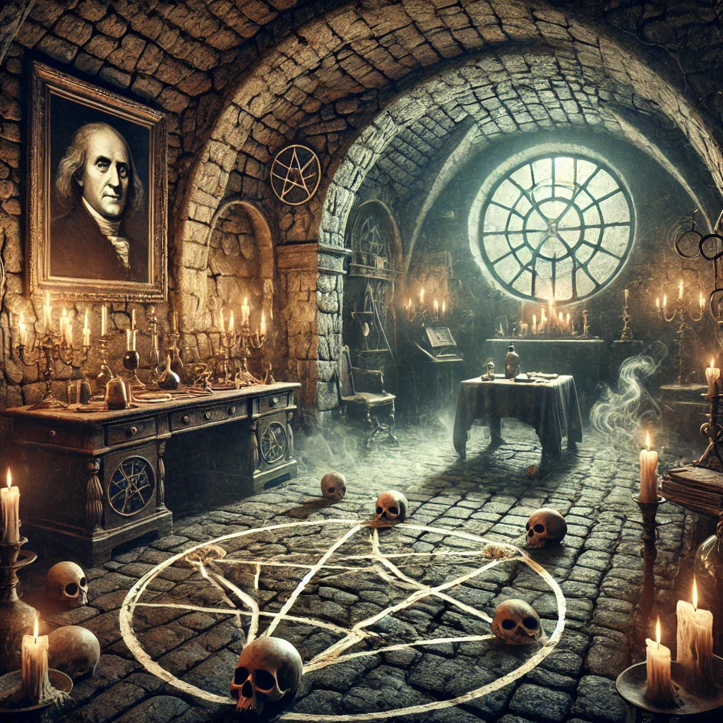 A spooky image of a cellar with skulls and cobwebs