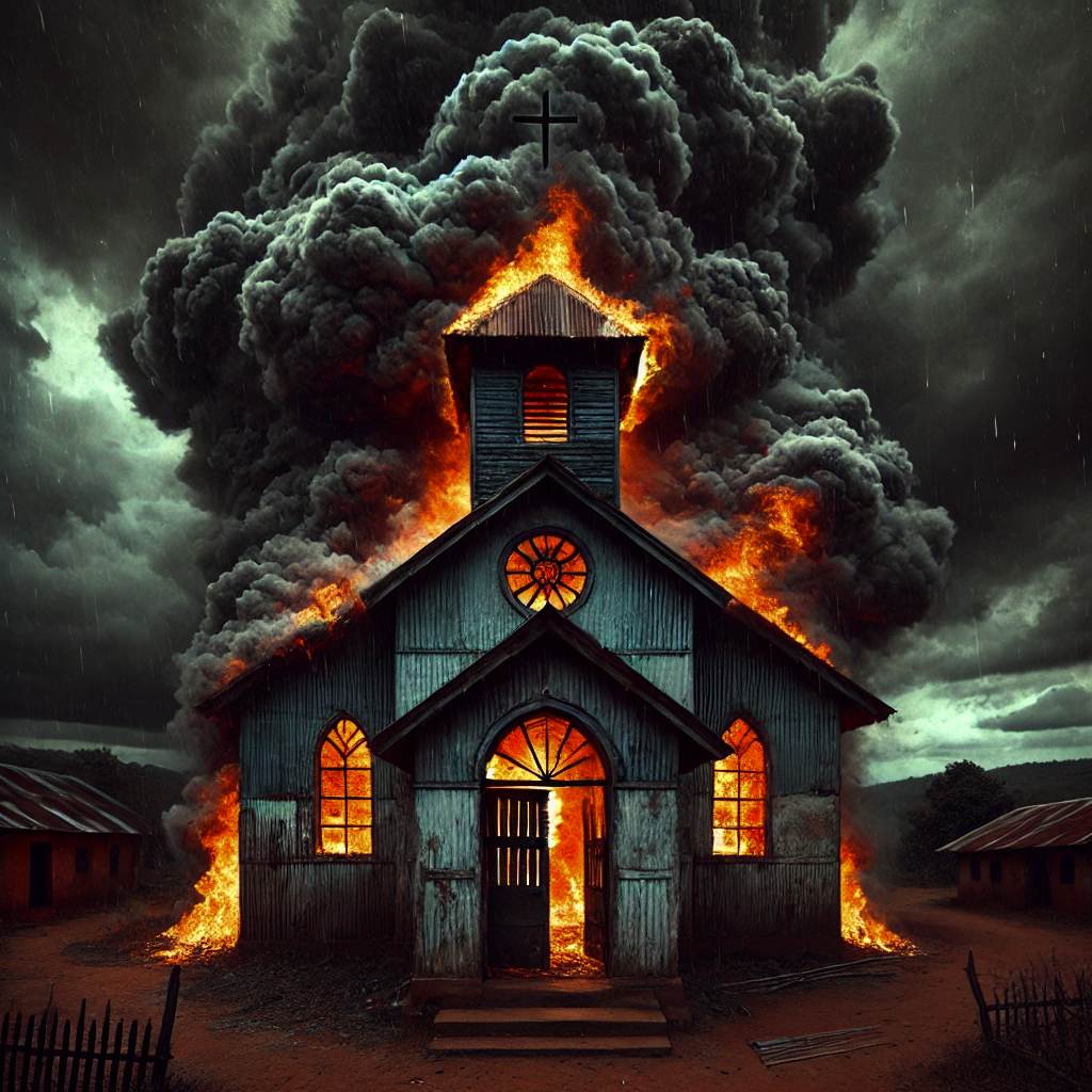 Illustration of a burning building on a dark grey night