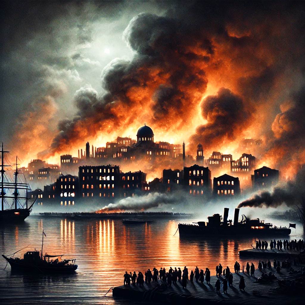 An illustration of a city burning