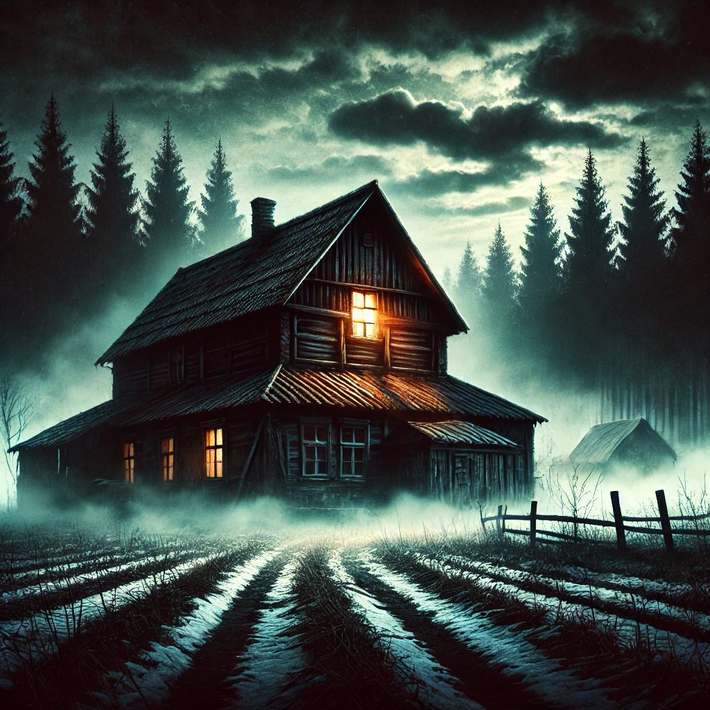Illustration of a dark haunted wooden house