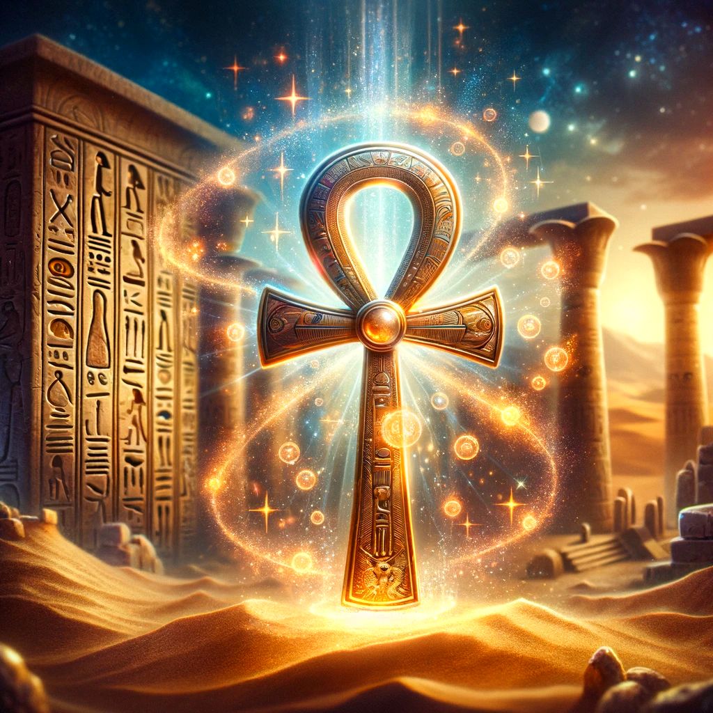 magical image of an Ancient Egyptian amulet, specifically the Ankh. The scene should depict the Ankh with intricate details 