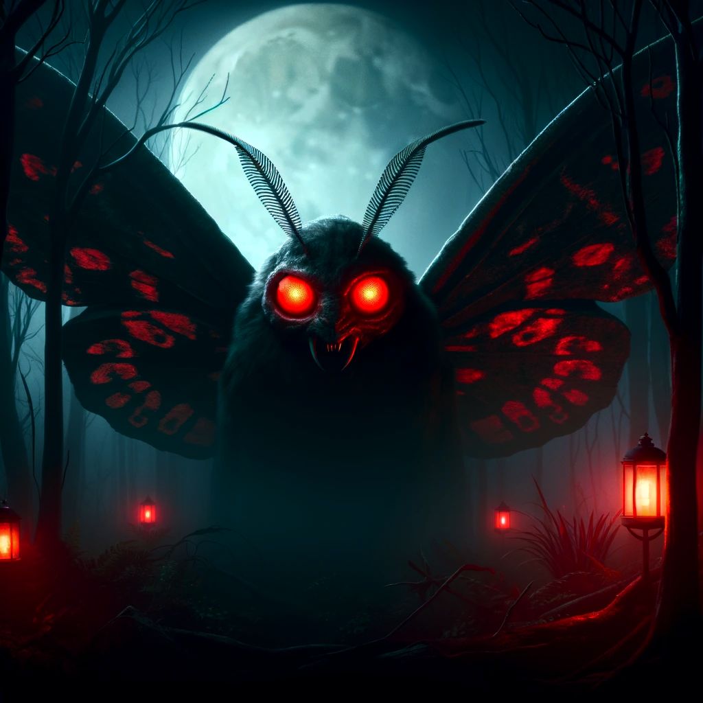 the famous Mothman with red glowing eyes. The scenes should depict the Mothman in eerie and unsettling settings,