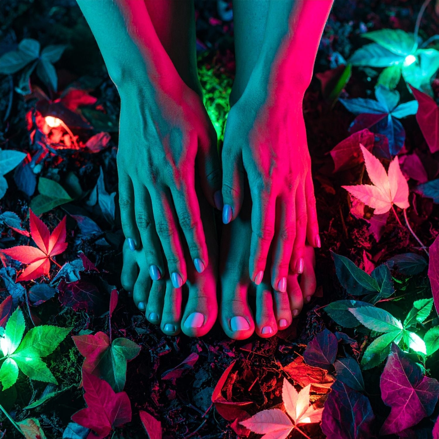 Two Naturally Wicked Hands Reaching Forwards & Expelling A Magical Aura Of Fairy Dust Under Purple & Green Light