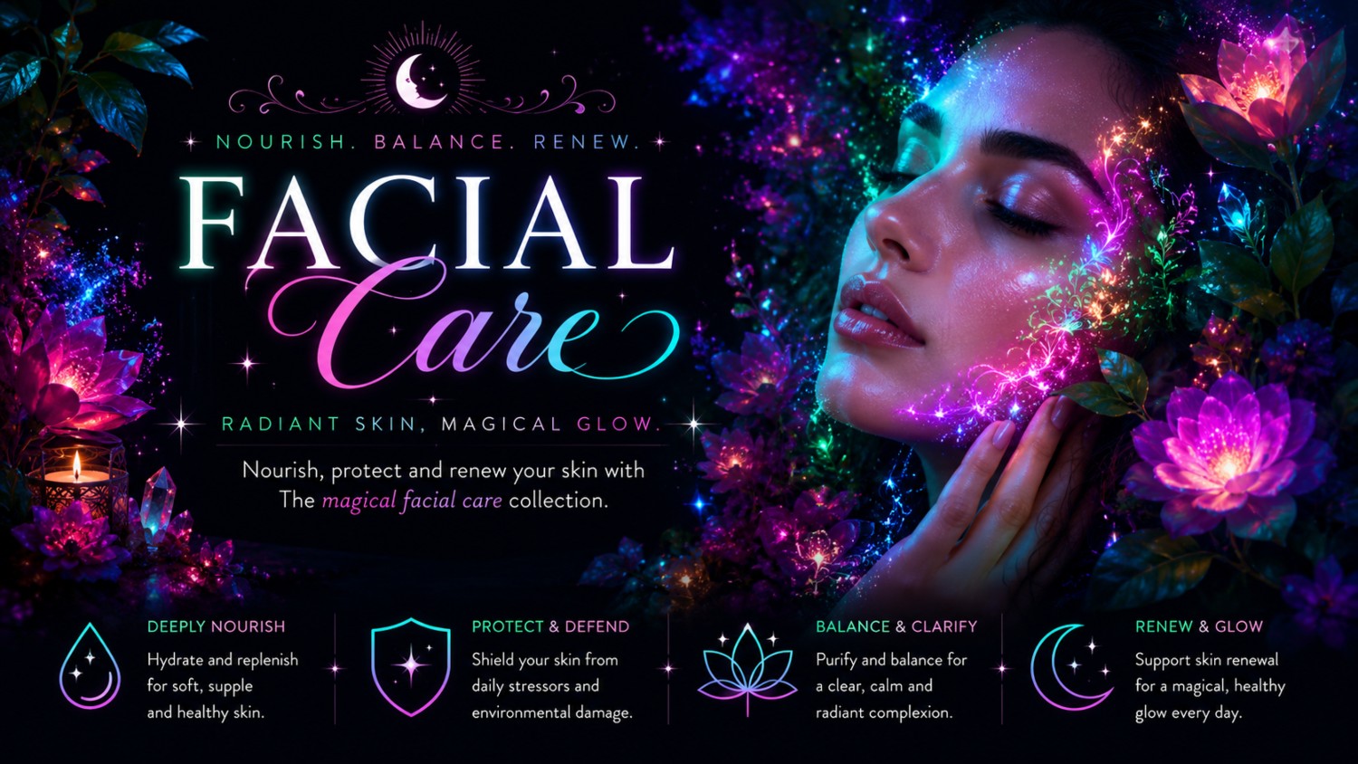 Naturally Wicked Facial Care Expressed With Beautiful Lady's Face Protruding Through Magical Aura & Magical Illuminated Flowers