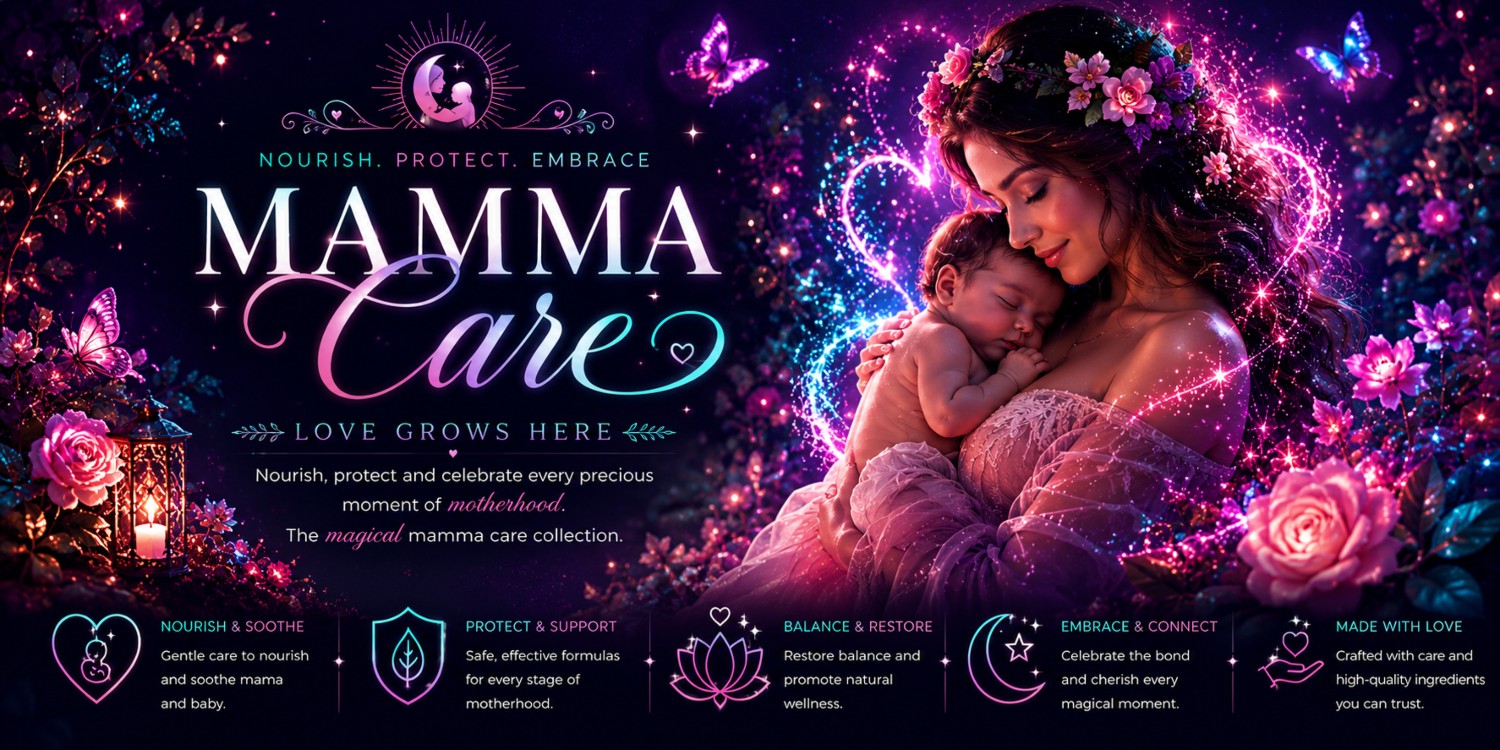 Naturally Wicked Mamma Care Expressed With Mum & Newborn Baby Amongst Magical Pink & Green Aura, Amongst Mystical Illuminated Flowers