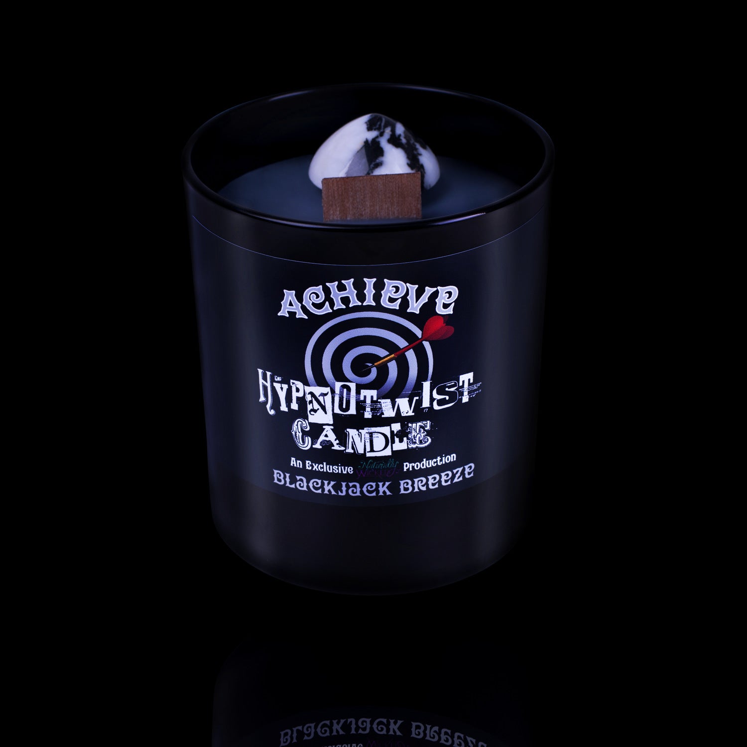 Naturally Wicked Hypnotwist Achieve Candle Featuring Plant-based Soy Black Wax scented with Blackjack Breeze & Includes A Zebra Jasper Crystal Spinning Top.