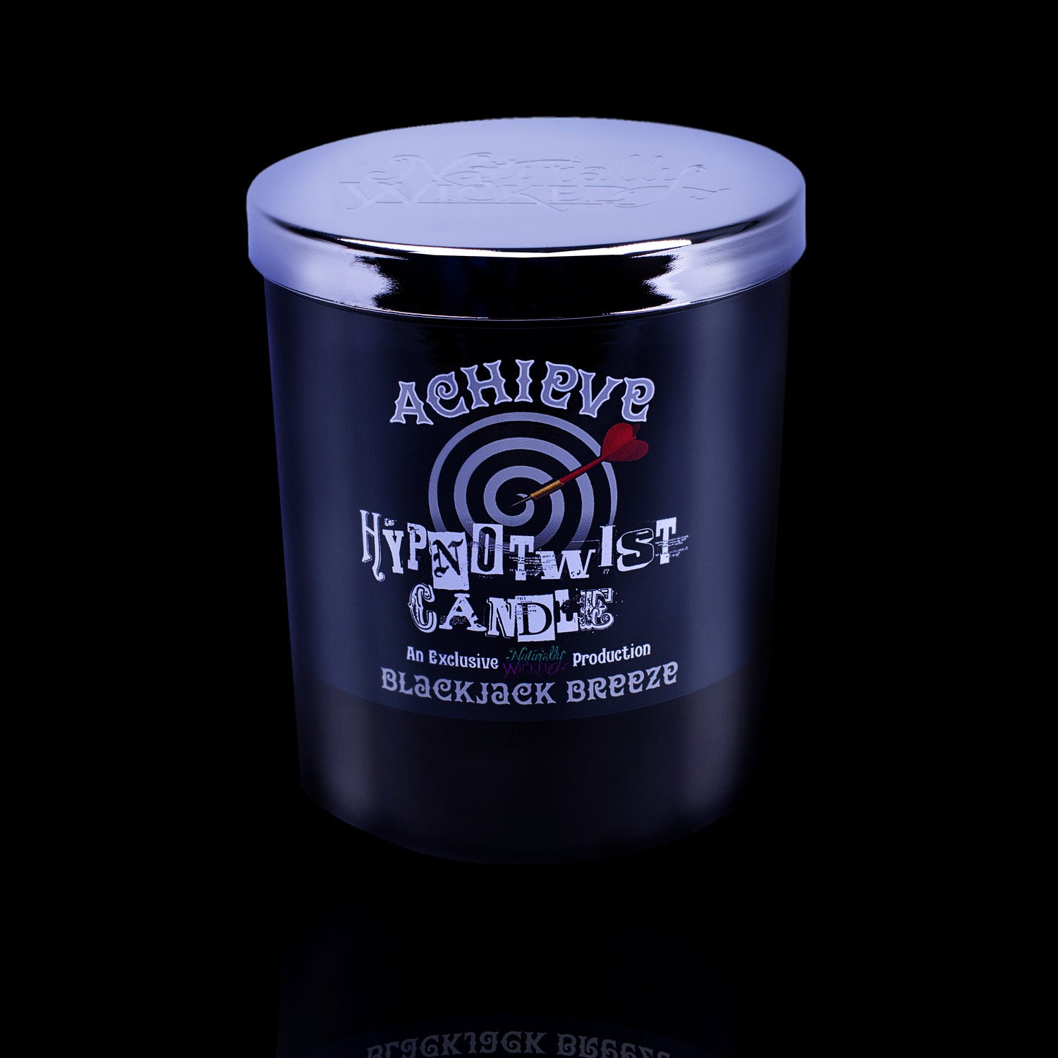 Achieve The Impossible With The Naturally Wicked Hypnotwist Achieve Candle Featuring Plant-based Soy Black Wax scented with Blackjack Breeze & Includes A Zebra Jasper Crystal Spinning Top & Mirrored Lid