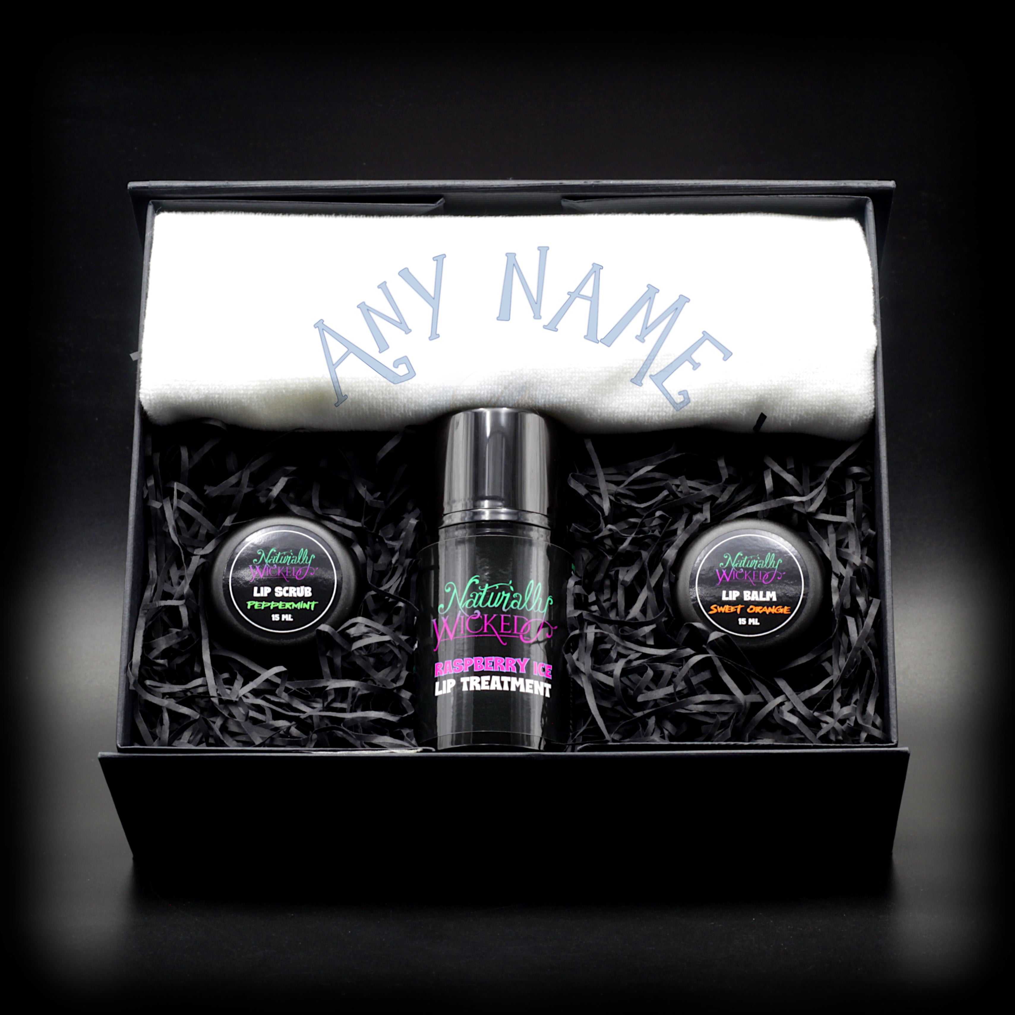 Naturally Wicked Deluxe Lip Kit With Lip Scrub, Lip Treatment, Lip Balm & Personalised Towel - Gift With Any Name