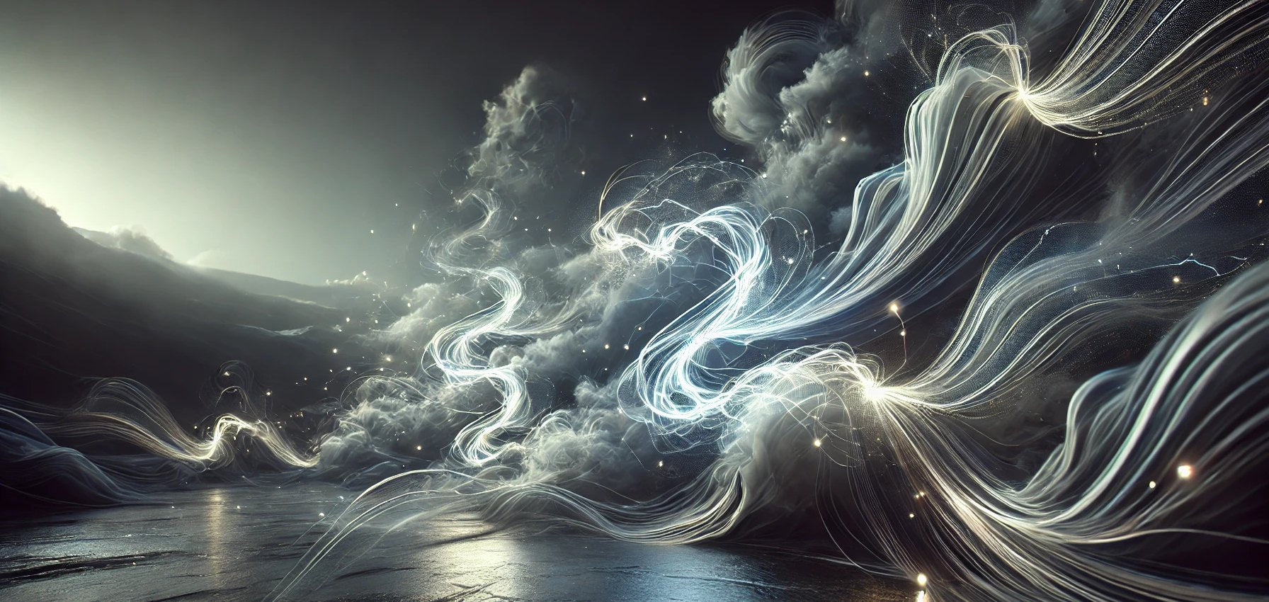 Magical Clouds & Whisps Of Air Dance Around A Bright Grey Scene With Mystical Bright White Embers Escaping