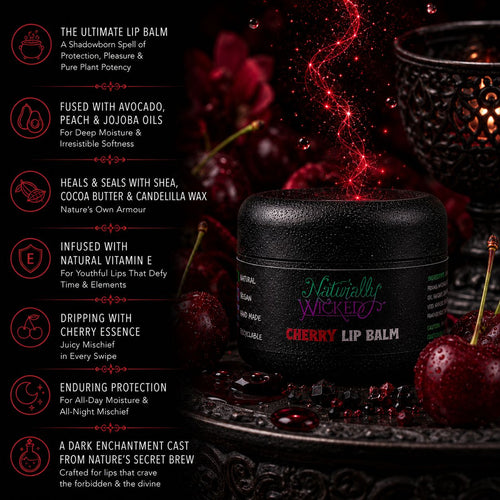 Naturally Wicked Cherry Lip Balm Amongst Deep Red Cherries, With Magical Aura Emitted From Top, Beside Listed Lip Conditioning Benefits Of Balm Application