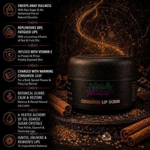 Naturally Wicked Cinnamon Lip Scrub Amongst Grounds & Sticks Of Cinnamon, Sugar Grains & Magical Brown Aura Beside List Of Lip Exfoliation Benefits 