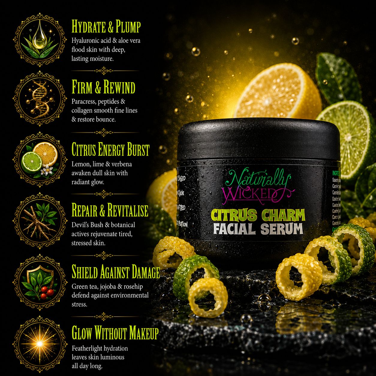 Naturally Wicked Citrus Charm Facial Serum Amongst Twisted Lemon & Lime Peels & Glowing Citrus Fruits Beside A List Of Benefits Derived From Natural Ingredients