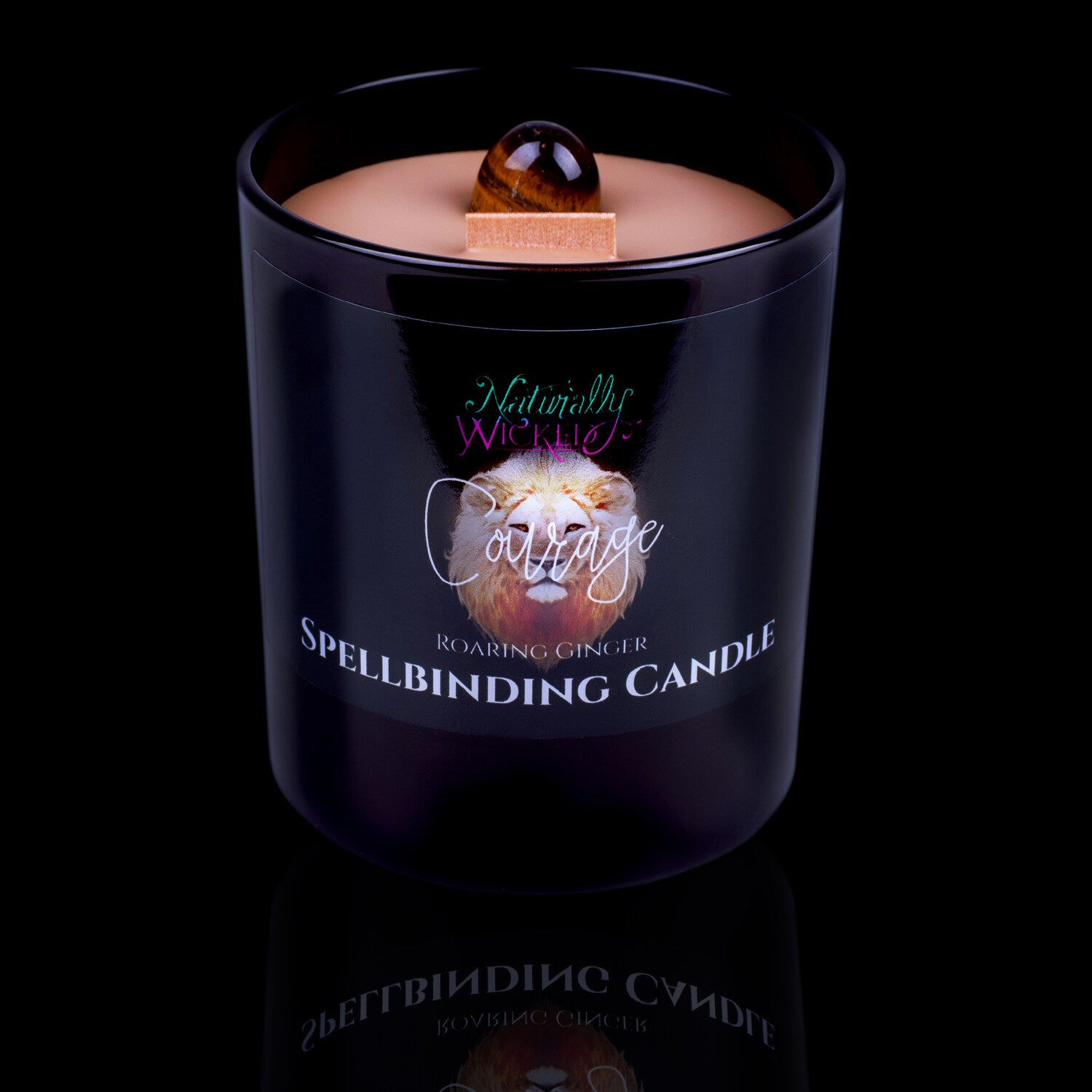 Naturally Wicked Spellbinding Courage Crystal Candle Entombed In Brown Plant-Based Wax With Crackling Wood Wick & Tiger's Eye Crystal. A Truly Unique Gift