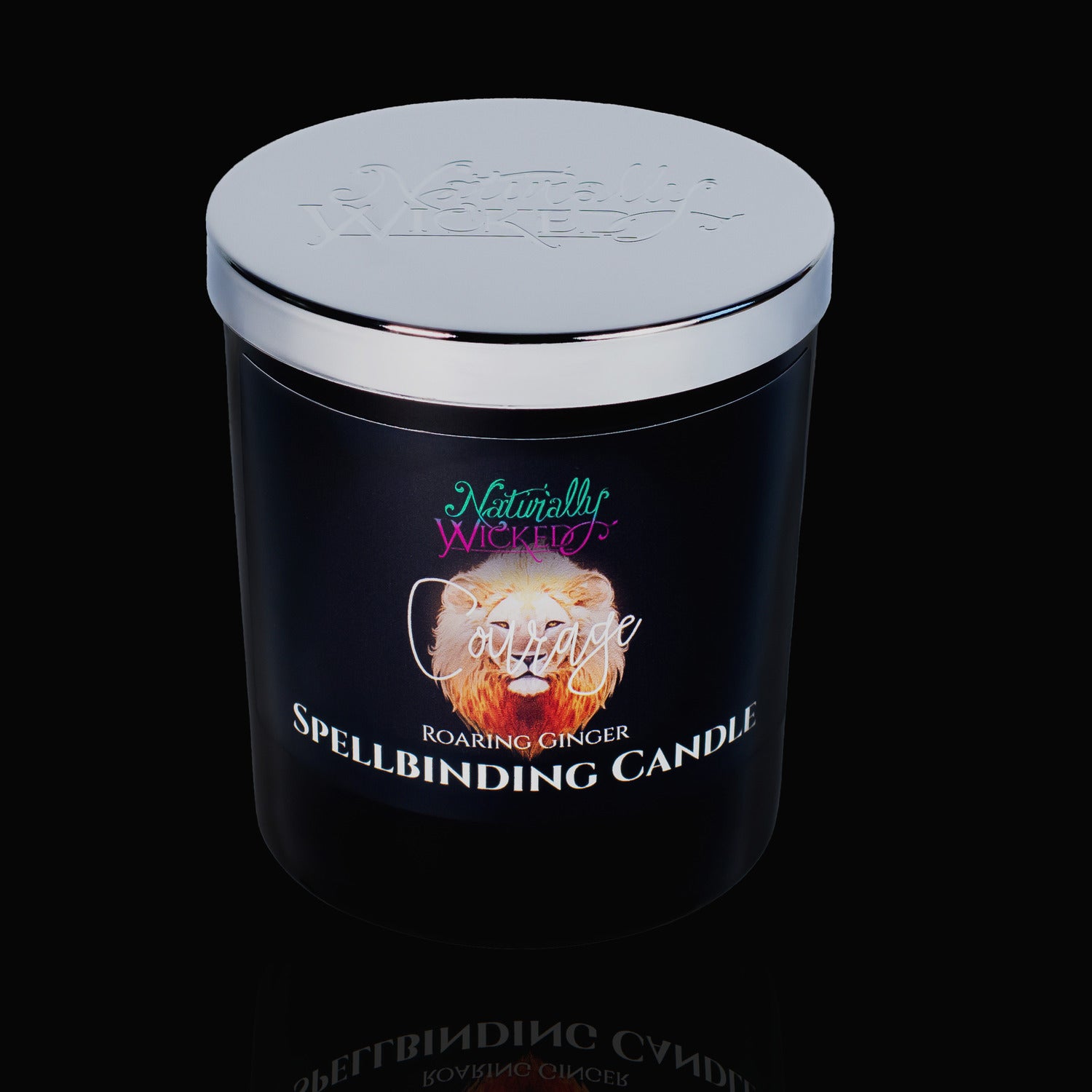 The Perfect Gift Of Courage. Naturally Wicked Spellbinding Courage Spell Candle With Mirror Finished Exquisite Lid In Place. Featuring A Black Gloss Label And A Roaring Ginger Lion 