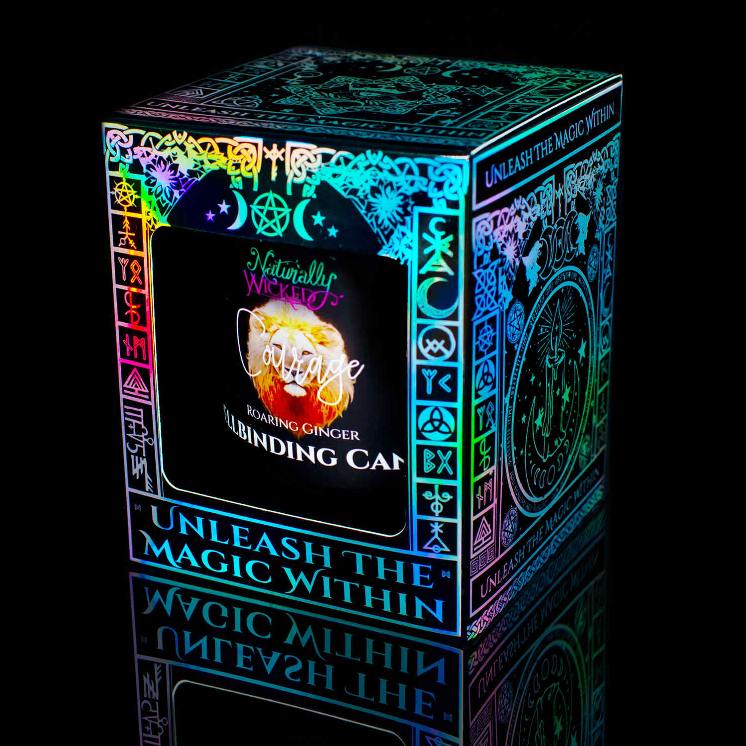 Naturally Wicked Spellbinding Courage Crystal Candle Displayed In An Enchanting Iridescent, Gloss Gift Box, Inviting Its User To 'Unleash The Magic Within.'