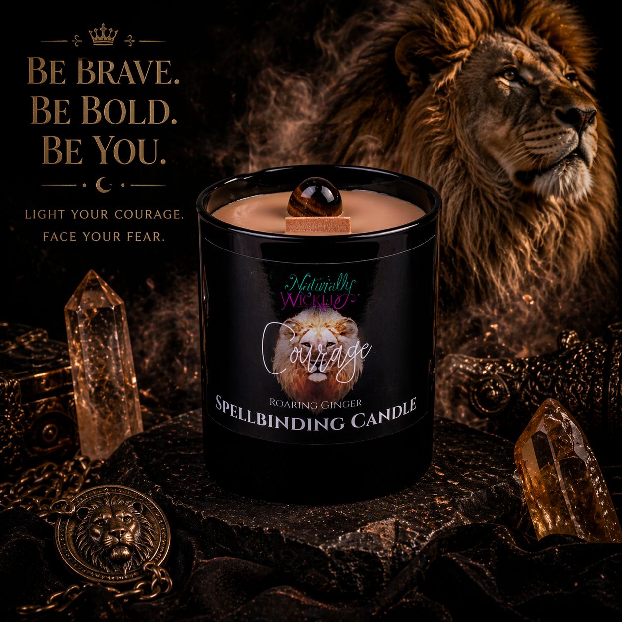 Naturally Wicked Spellbinding Courage Candle Entombed With Tiger's Eye Crystal In Ancient, Golden Setting With Lion In Background