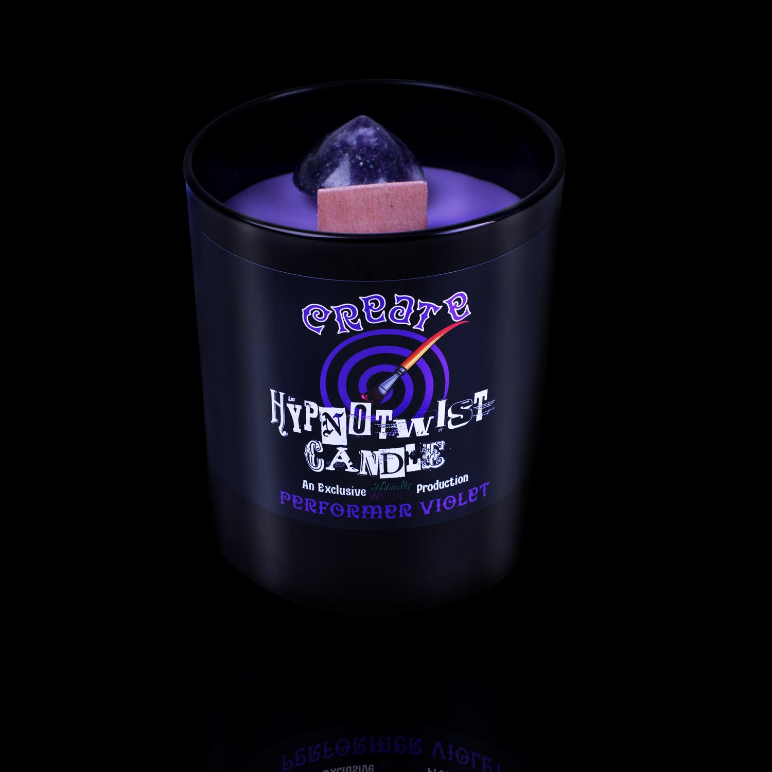 Naturally Wicked Hypnotwist Create Candle Featuring Plant-based Soy Purple Wax Scented with Performer Violet & Includes A Lepidolite Crystal Spinning Top.