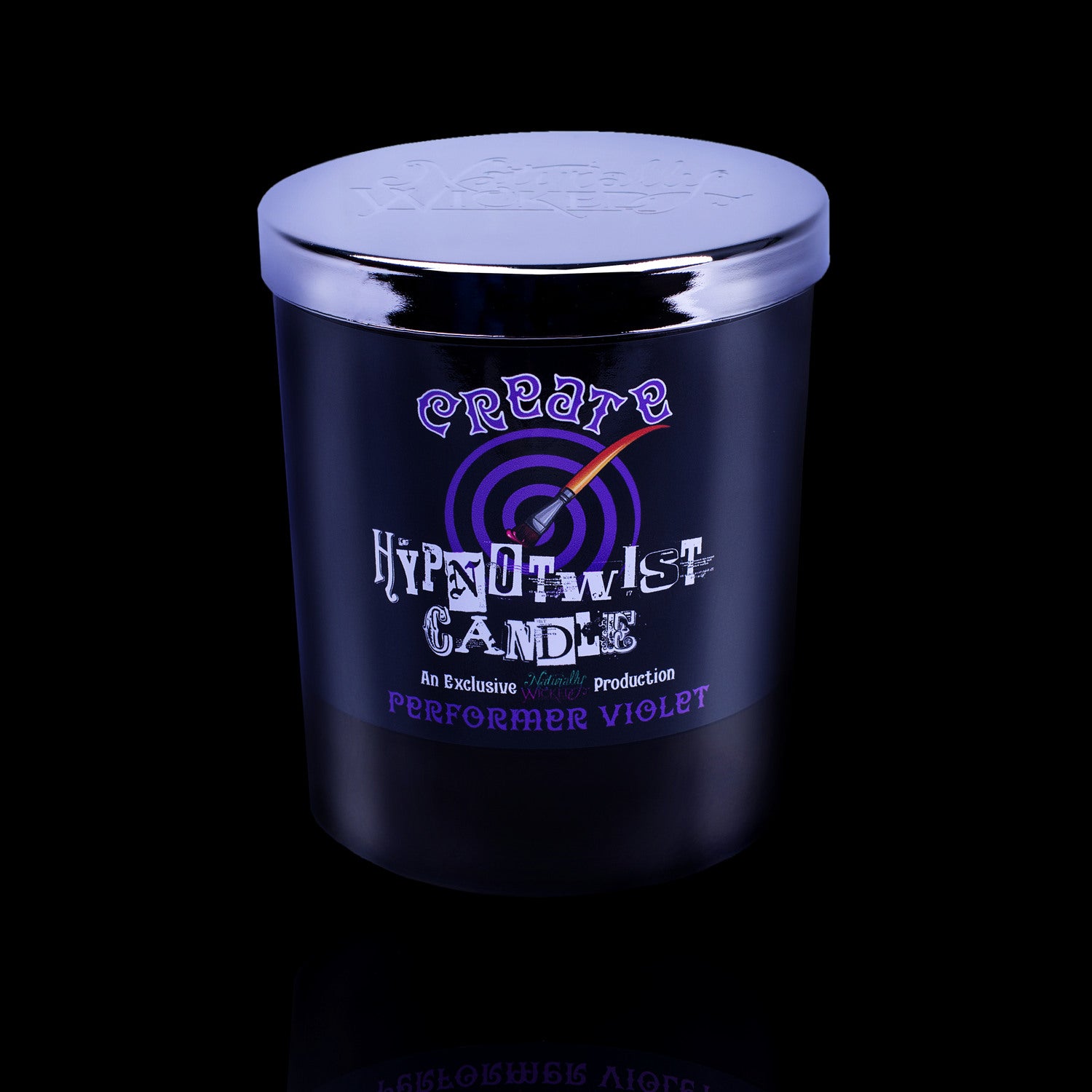 Create Your Own World With The Naturally Wicked Hypnotwist Create Candle Featuring Plant-based Soy Purple Wax Scented With Performer Violet & Includes A Lepidolite Crystal Spinning Top & Mirrored Lid