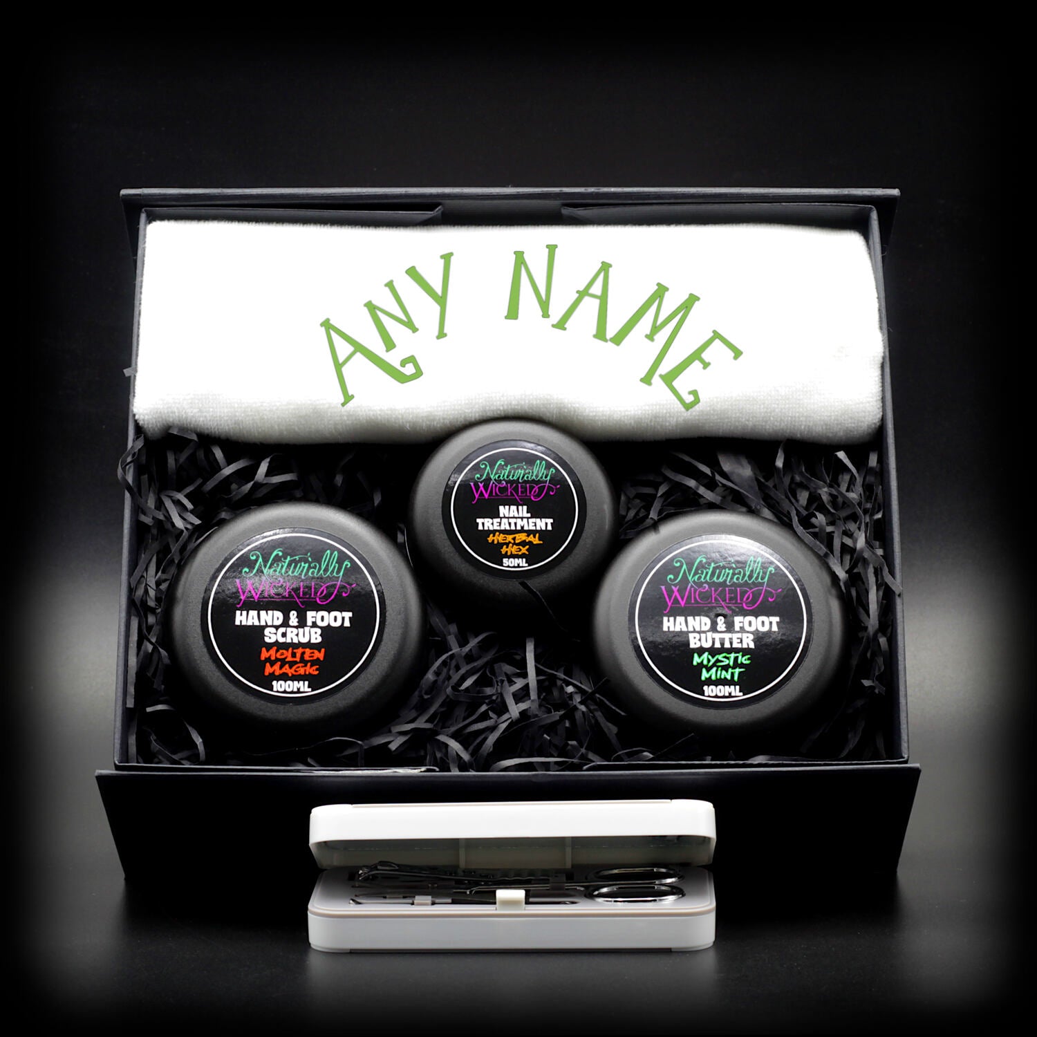 Naturally Wicked Deluxe Hand & Foot Kit With Scrub, Nail Treatment, Butter & Personalised Towel - Gift For Any Name