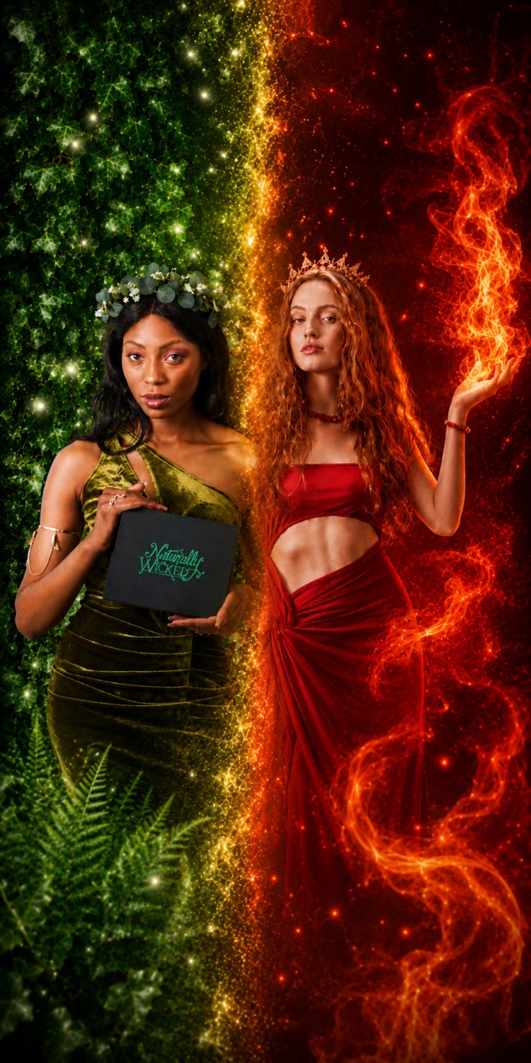 Earth Queen In Green Dress Amongst A Wall Of Vibrant Green Plants Beside Fire Queen In Red Dress & Willingly Engulfed By Mystical Flames