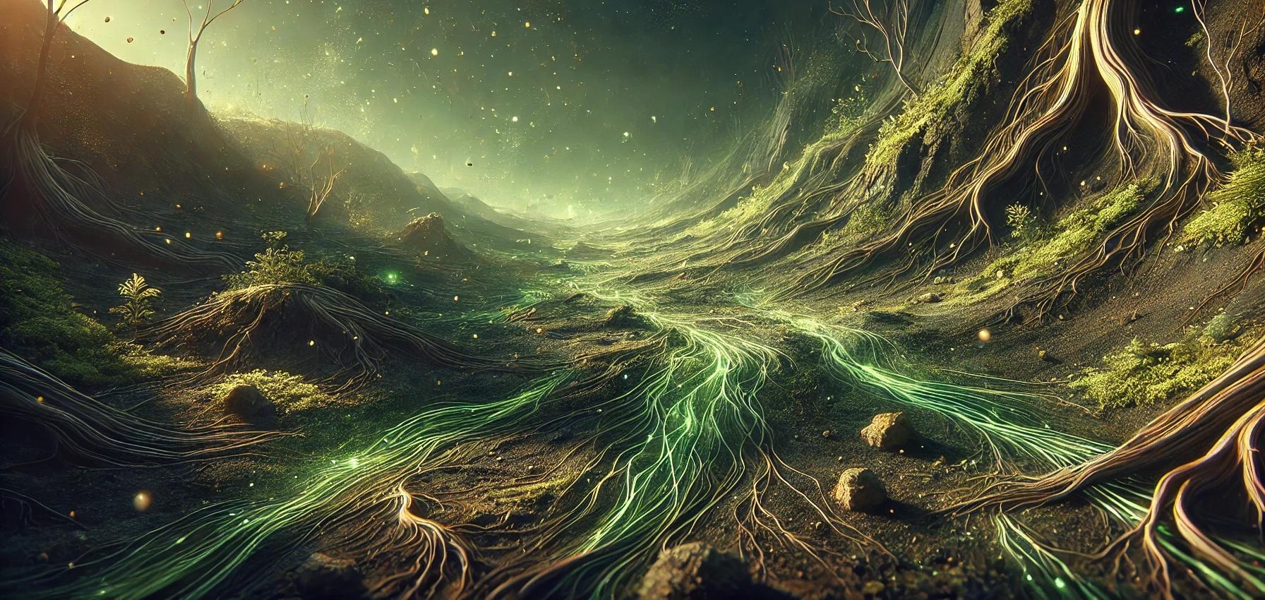 Green Roots Taking Hold Of Barren Brown Earthy Landscape To Provide Shoots Of Life & Hope