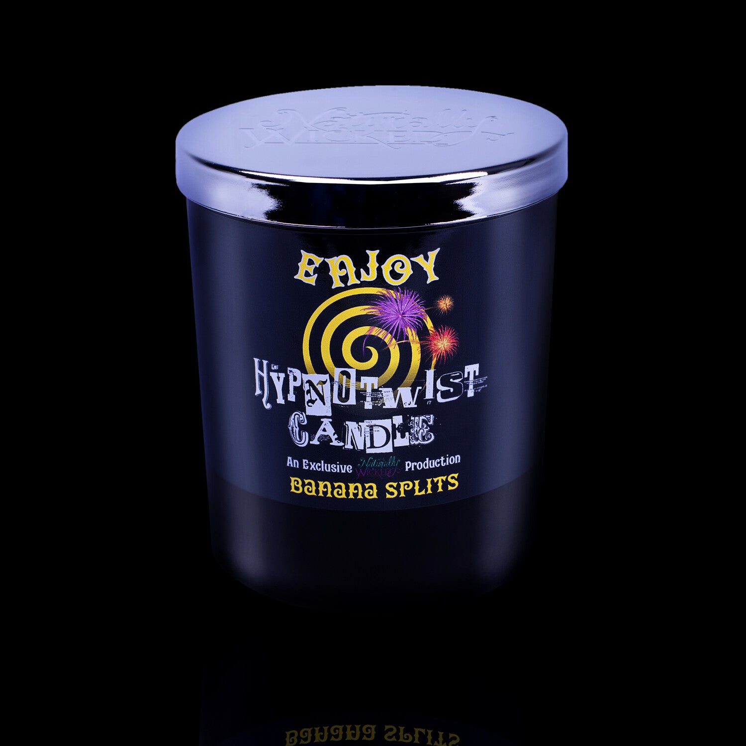 Enjoy Life To The Max With The Naturally Wicked Hypnotwist Enjoy Candle Featuring Plant-based Soy Yellow Wax Scented With Banana Splits & Includes A Yellow Jade Crystal Spinning Top & Mirrored Lid