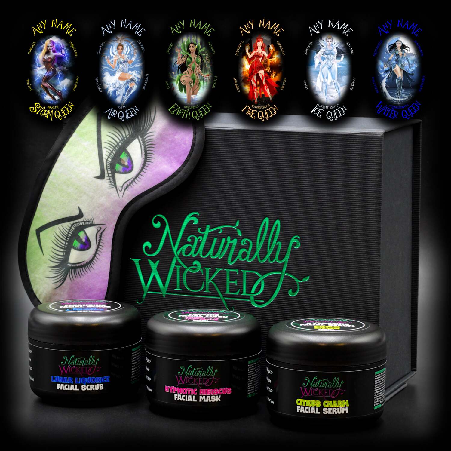 Naturally Wicked Queen Gift Set featuring Lunar Liquorice Facial Scrub, Hypnotic Hibiscus Facial Mask, and Citrus Charm Facial Serum, with eye mask and choice of Queen character