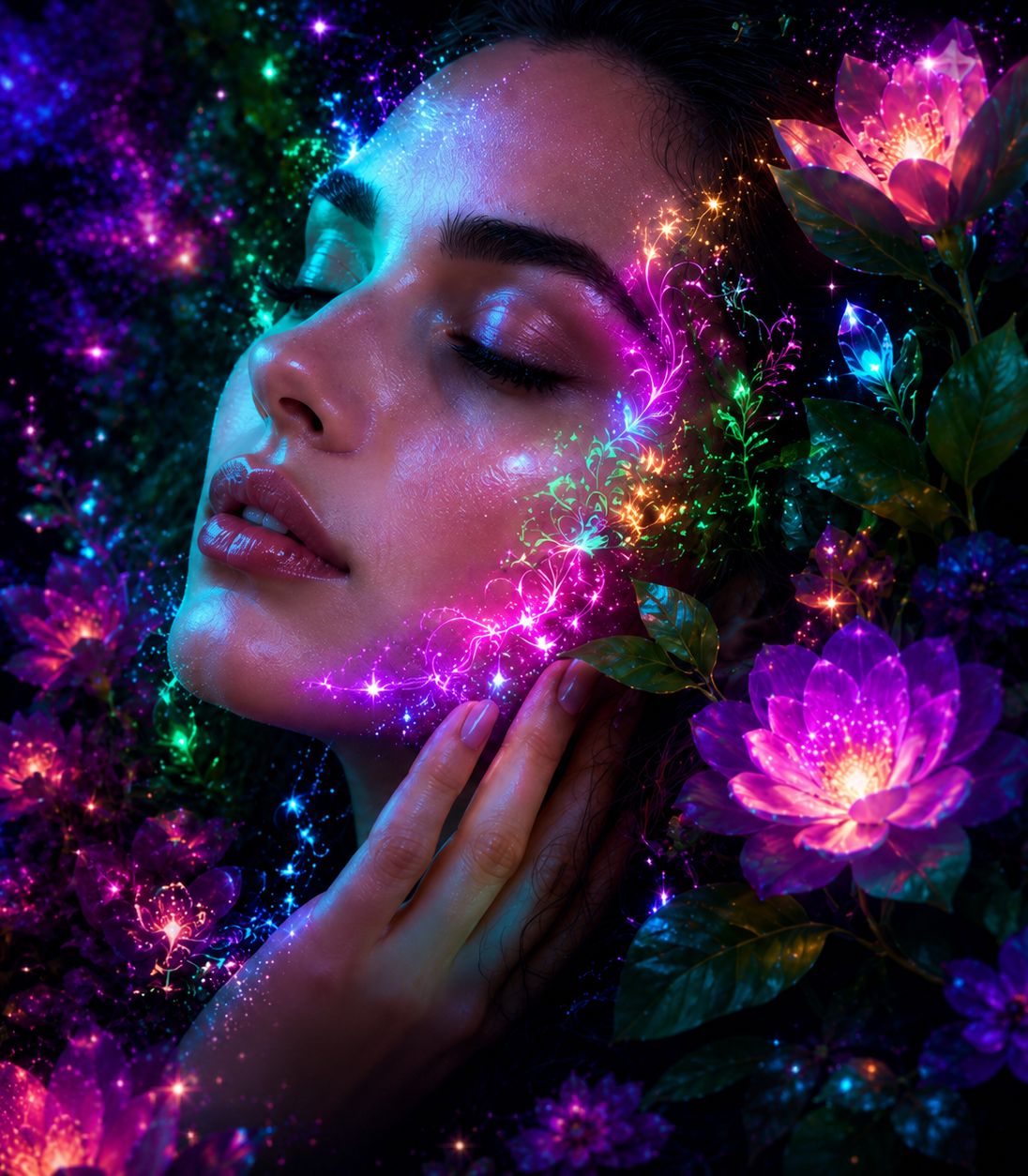 Exotic Face With Beautiful Complexion Emerging From Mystical Trees & Magical Flowers Exploding With Purple Illumination & Aura