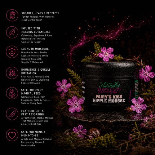 Naturally Wicked Fairy's Kiss Nipple Mousse In Magical, Dark Scene With Pink Flowers & Fairy Dust Surrounding The Dark Container, Amongst List Of Nipple Conditioning Benefits