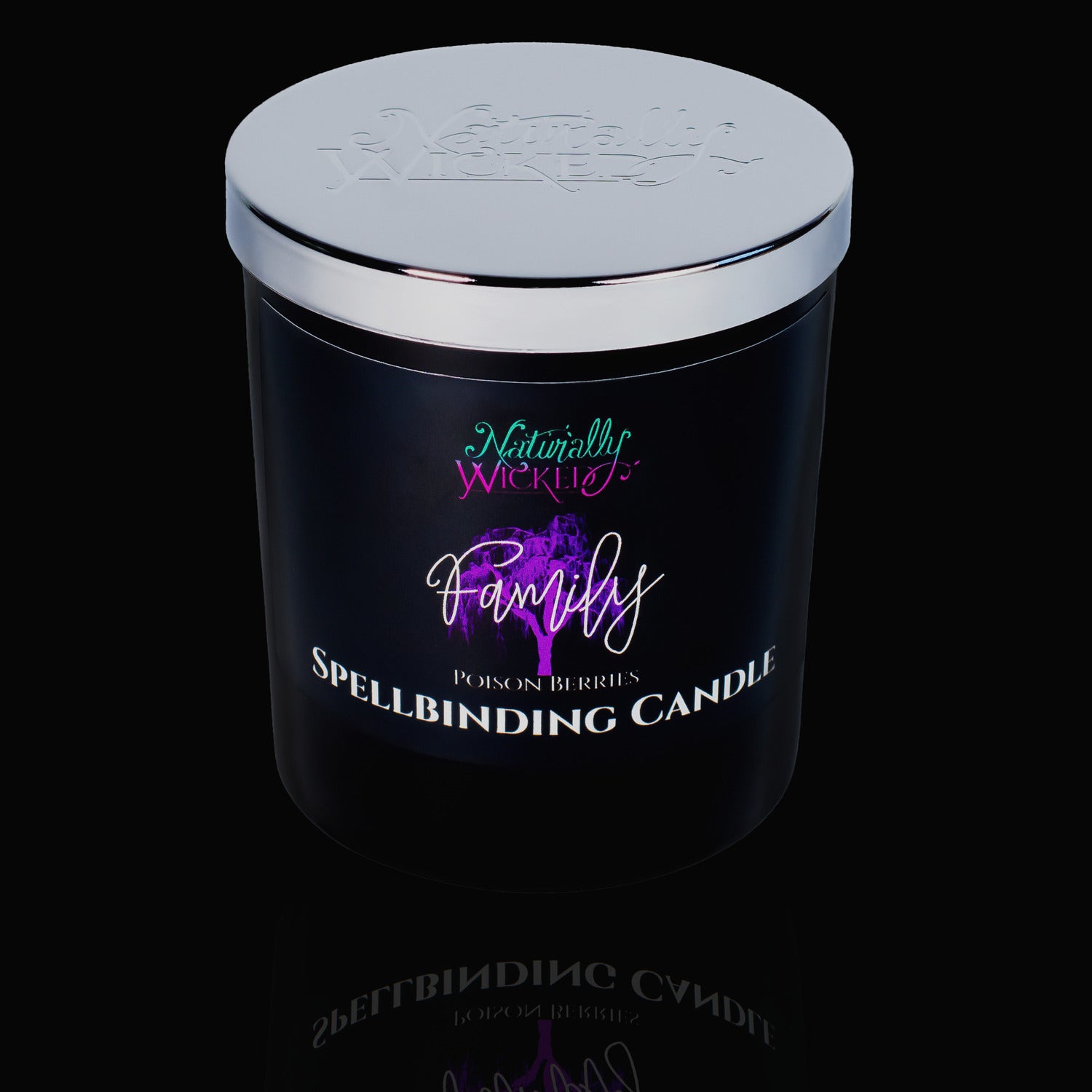 Naturally Wicked Spellbinding Family Spell Candle With Mirror Finished Exquisite Lid In Place. Featuring A Black Gloss Label And A Poison Berries Purple Family Tree. Treat Your Family To The Perfect Gift