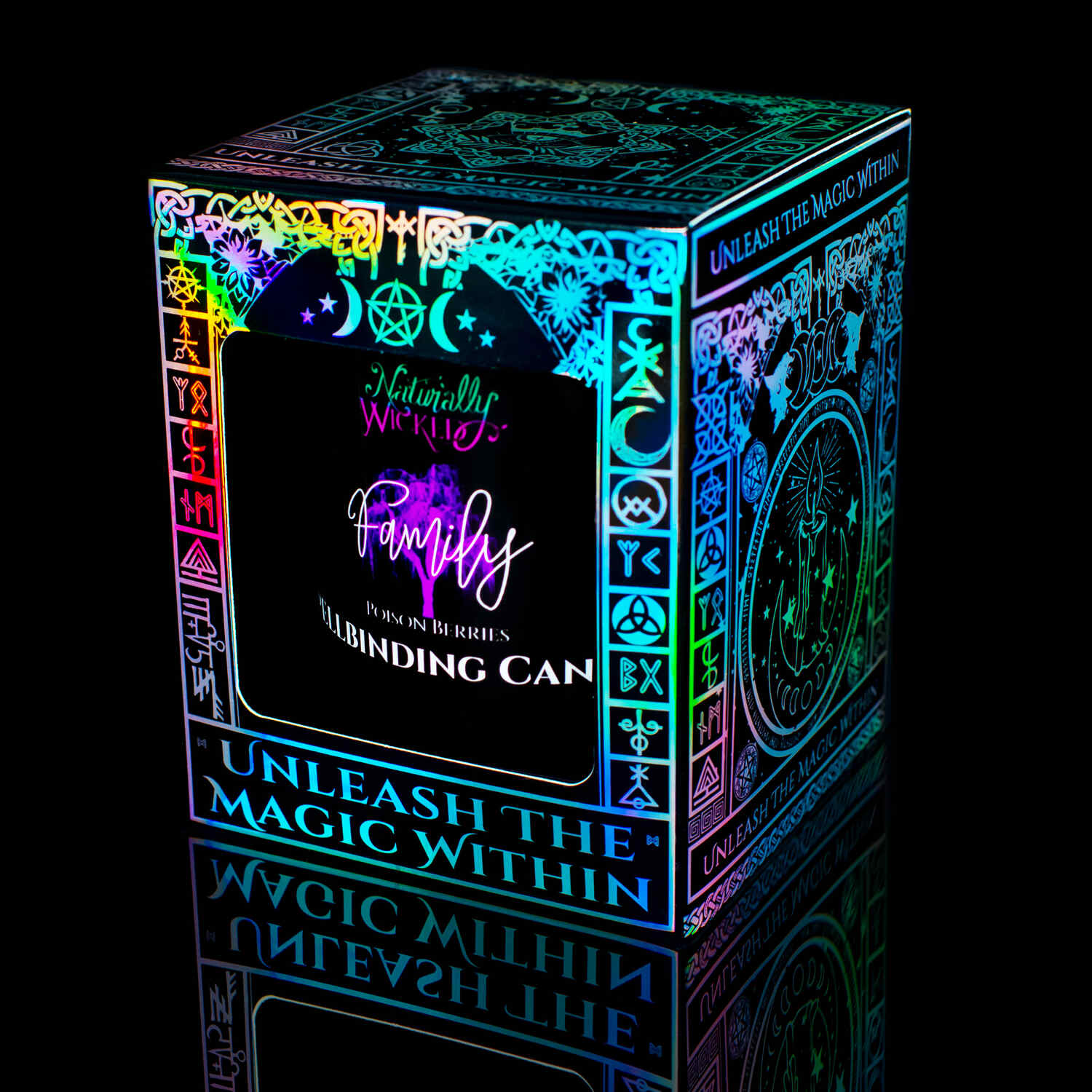 The Perfect Spell Candle To Show The Family How Much You Care, The Naturally Wicked Spellbinding Family Candle Displayed In A Magical Holographic Gift Box, Inviting Its User To 'Unleash The Magic Within.'