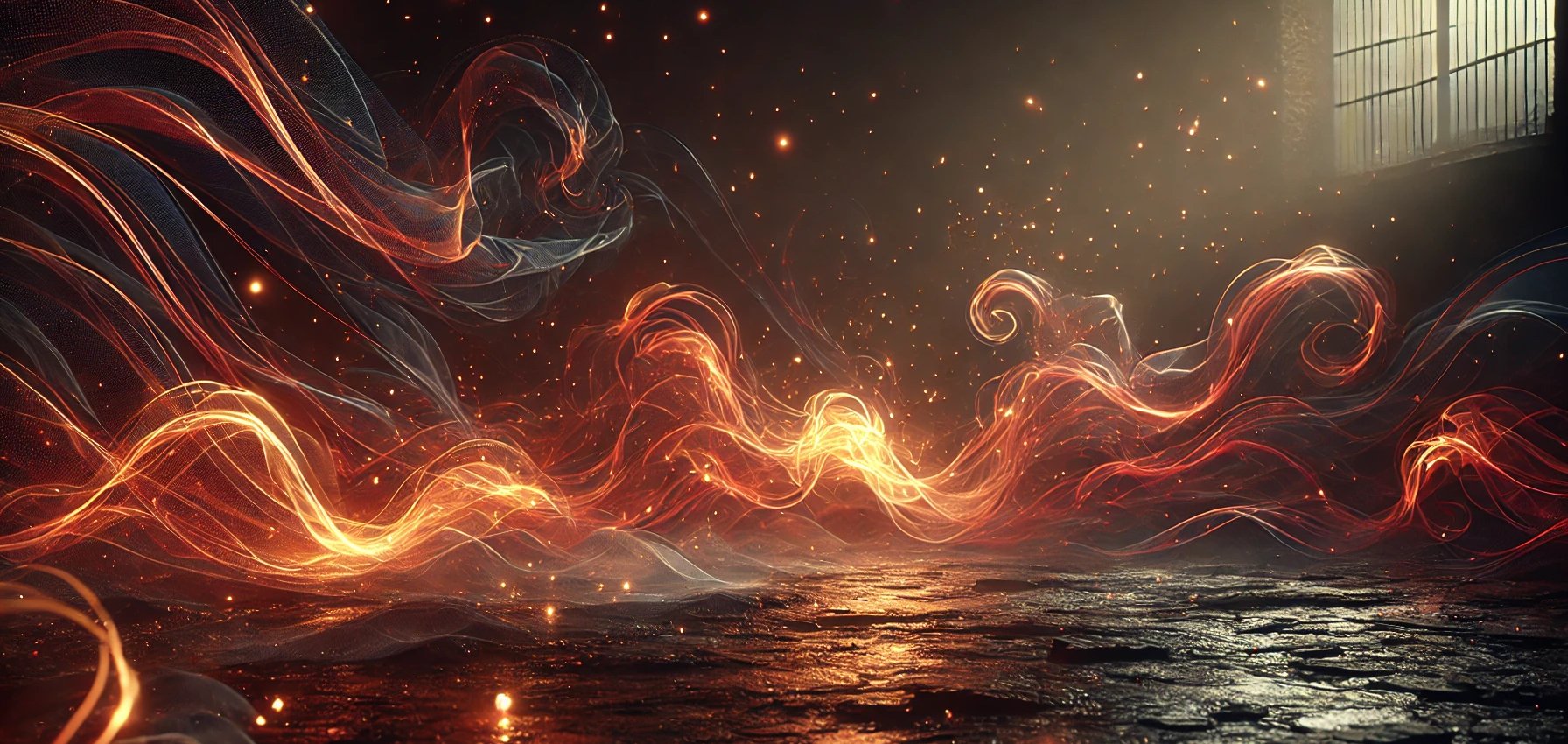 Magical Fire Dancing Across Haunting Dark Floor With Red Embers And Smoke Floating Above Mysteriously